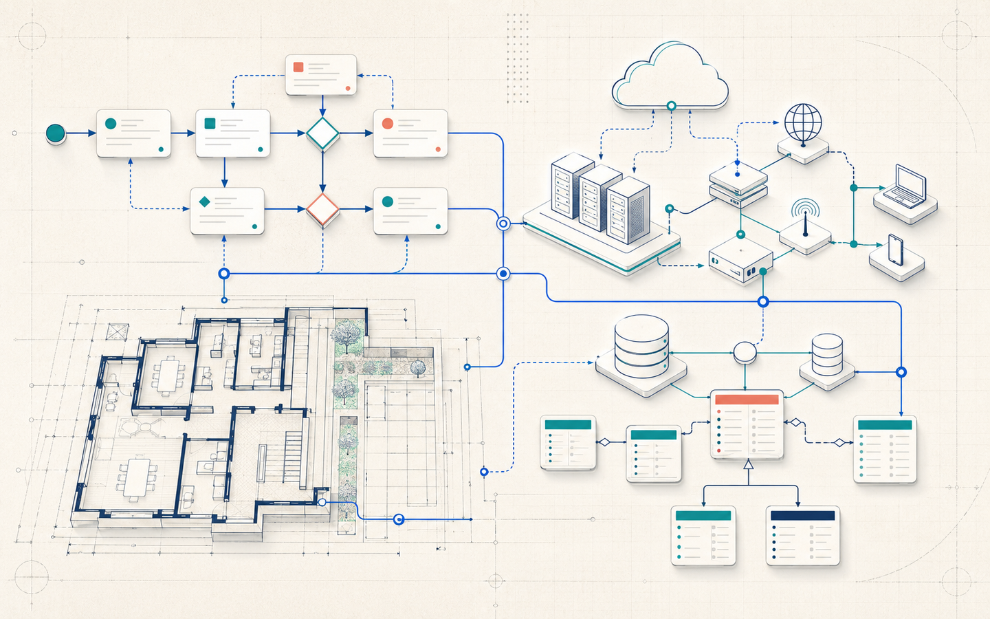 Connected business process, cloud network, engineering and database diagram concepts