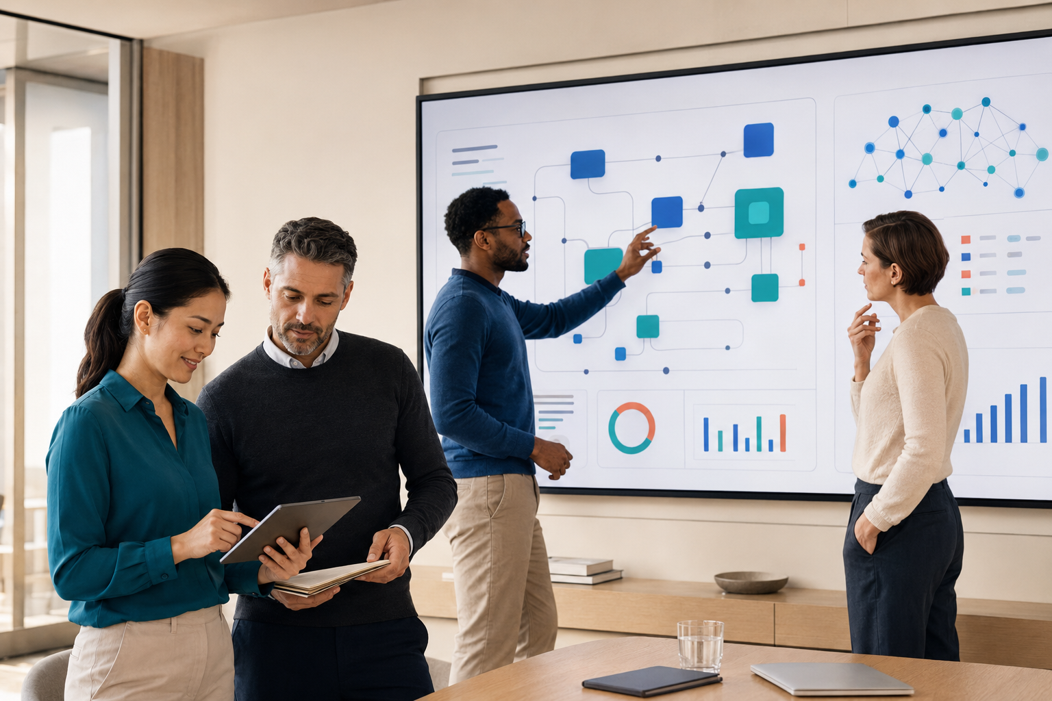 Professional team reviewing a data-linked process and network diagram