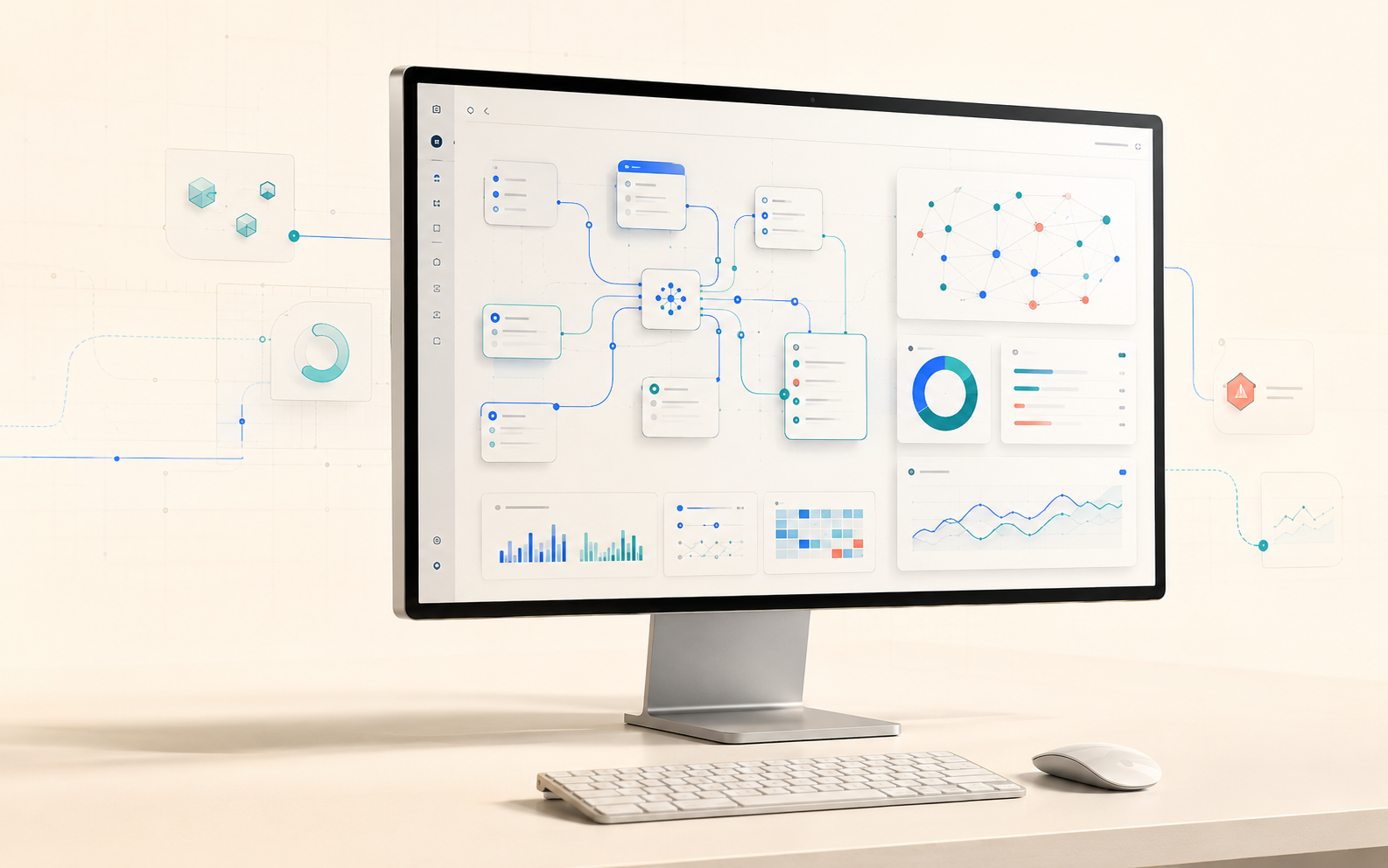 Professional desktop workspace displaying connected process diagrams and data visualisations