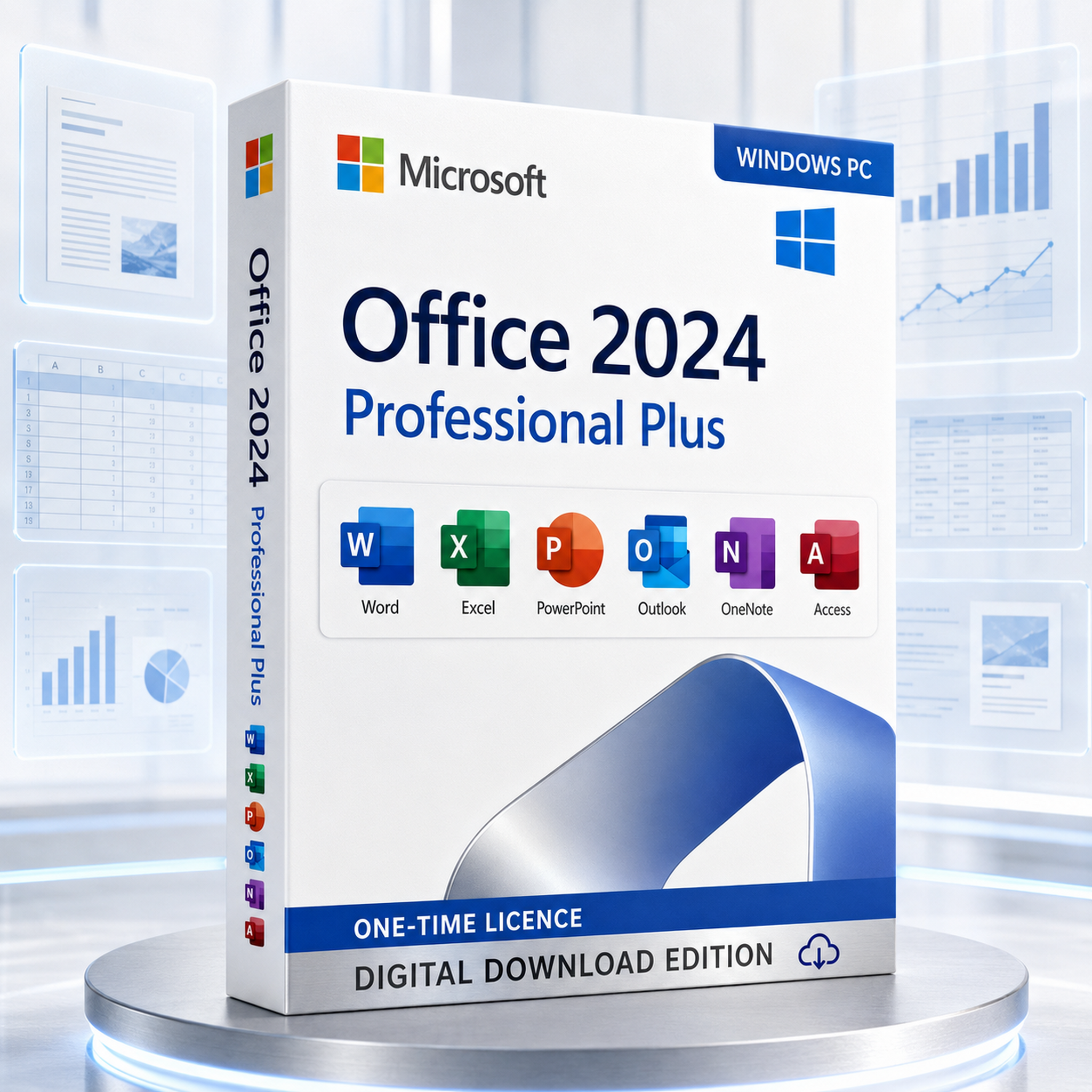 Microsoft Office 2024 Professional Plus retail-style box with Word, Excel, PowerPoint, Outlook, OneNote and Access application tiles