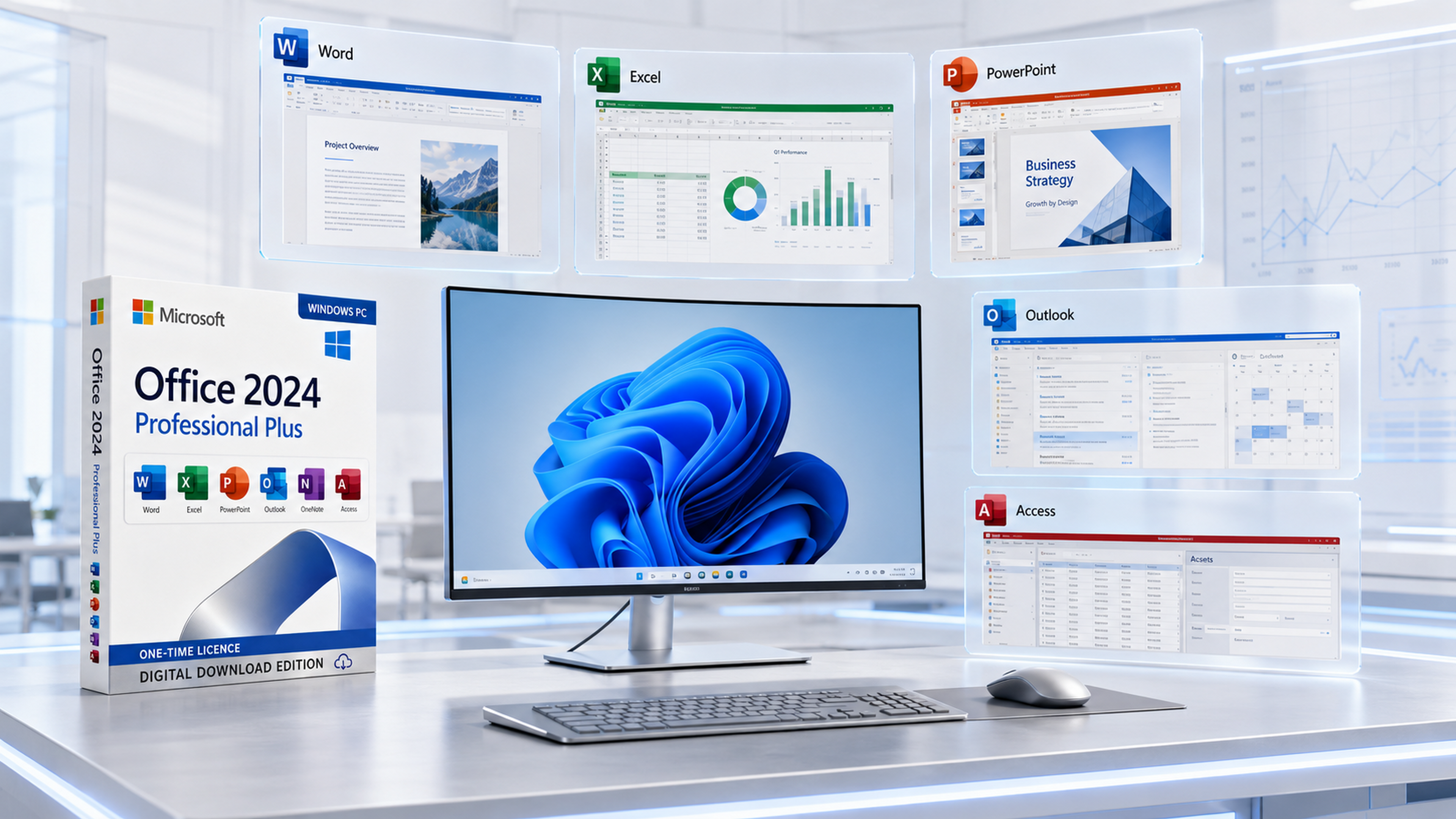 Bright executive workstation showing Microsoft Office 2024 Professional Plus document, spreadsheet, presentation, email, notes and database workflows