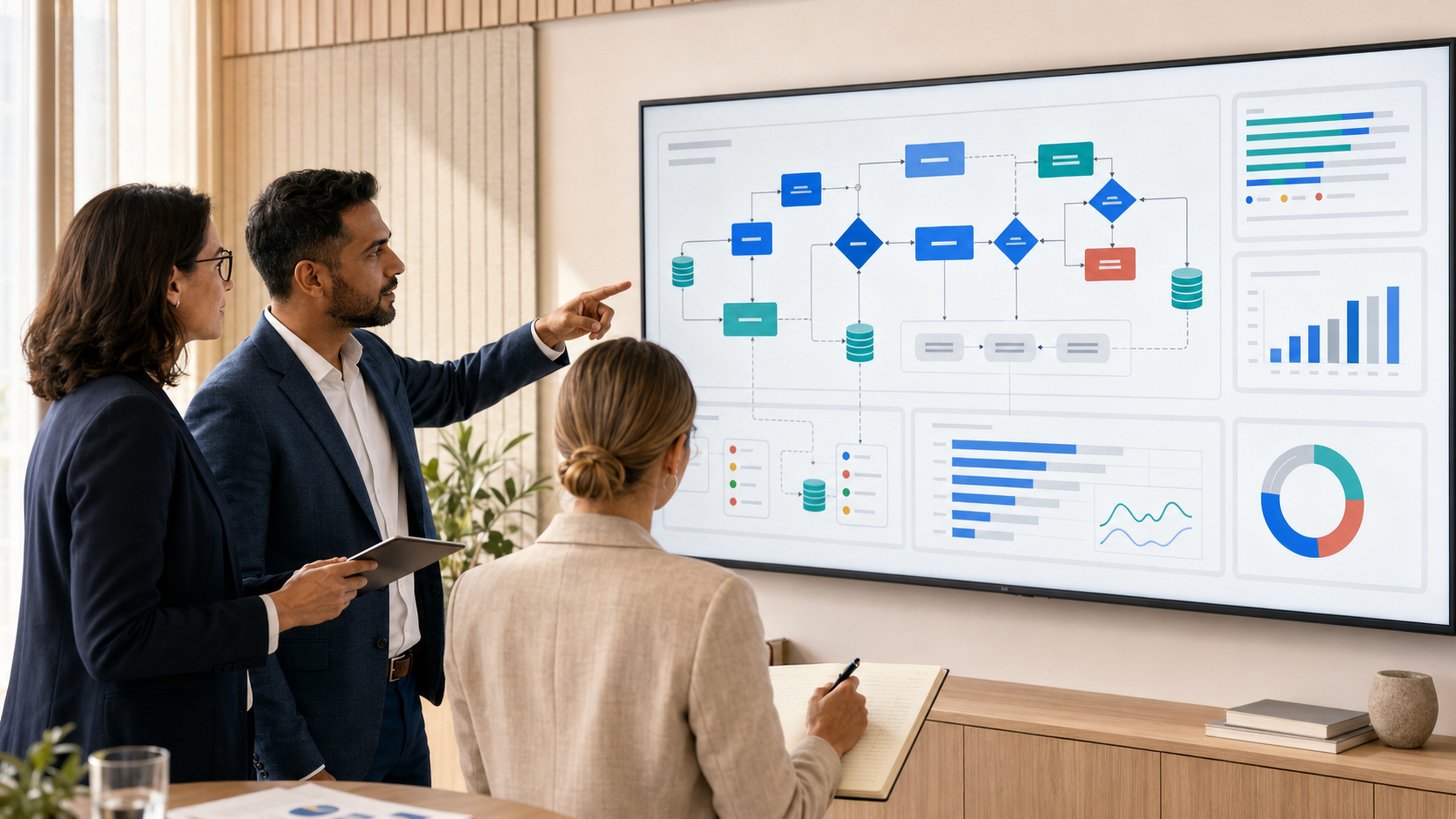 Professional team reviewing a data-linked process map with status indicators and business charts