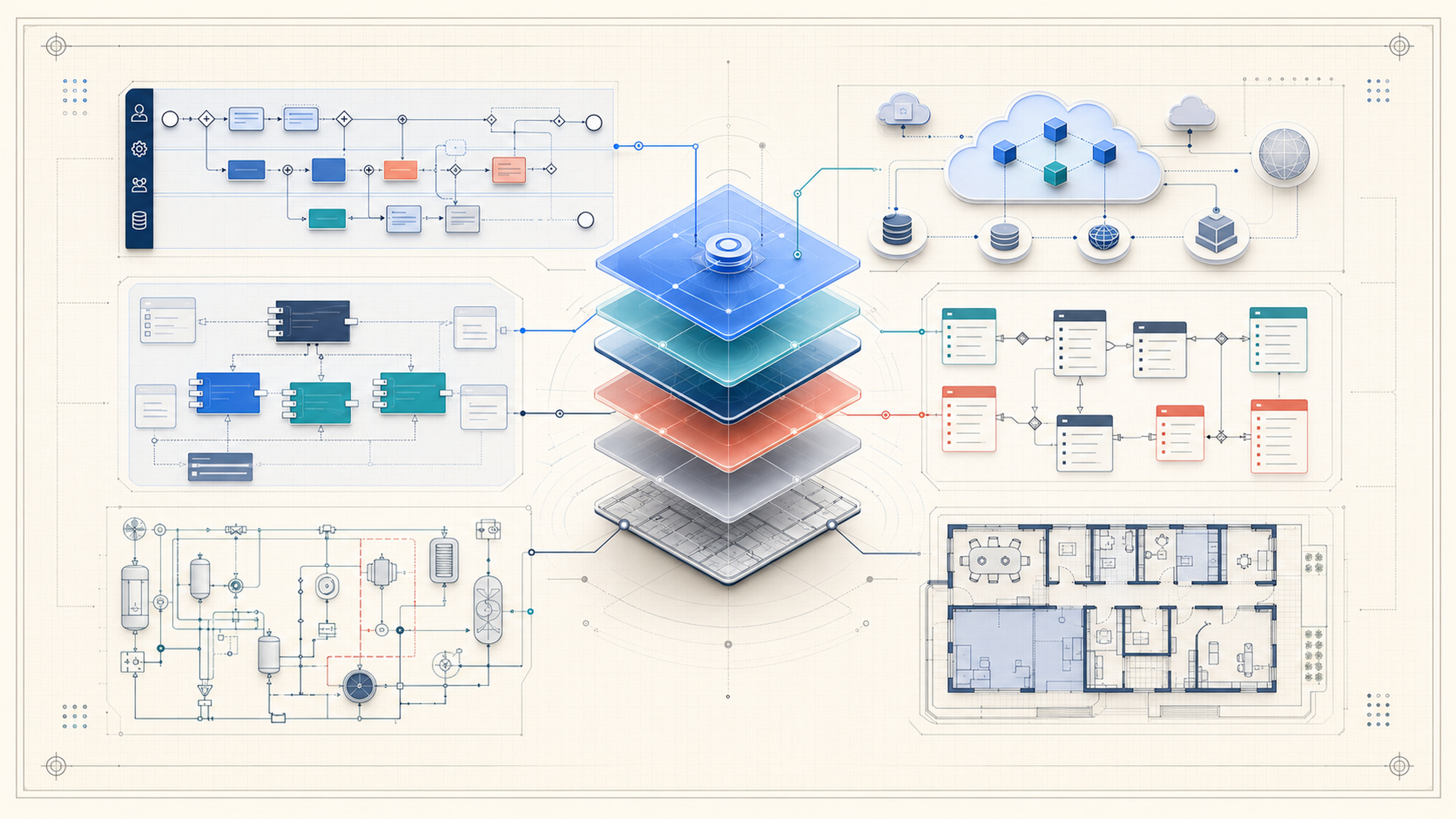 Professional diagram canvas combining business process cloud architecture software database engineering and floor plan visuals
