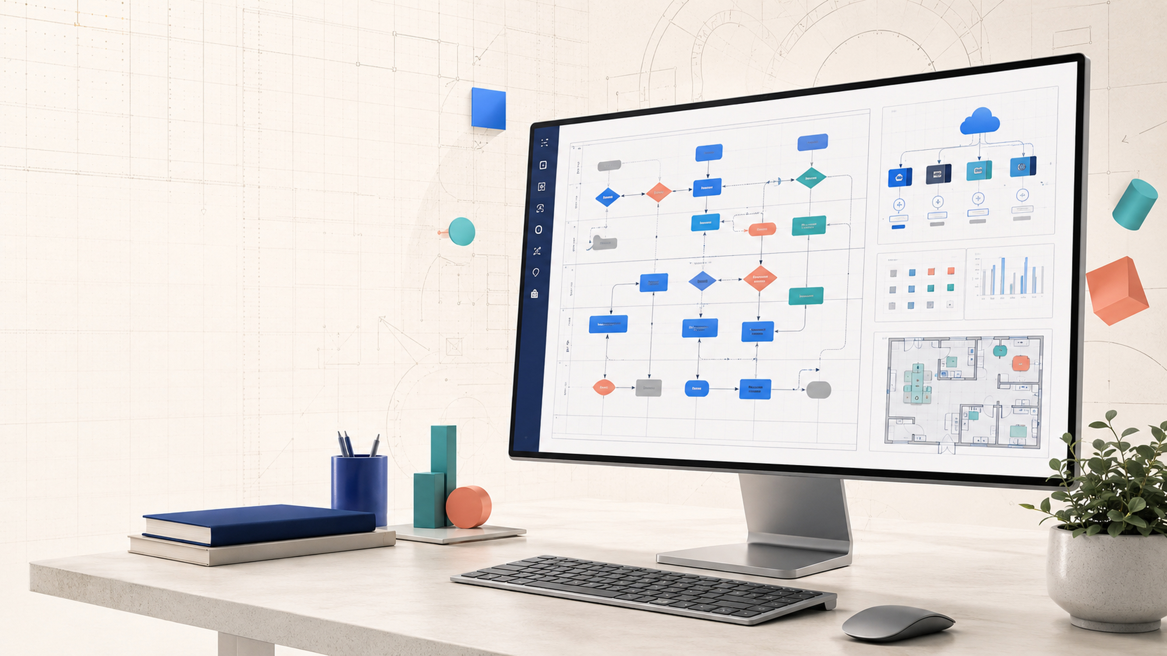Executive workstation displaying professional flowcharts cloud architecture data graphics and a facility plan